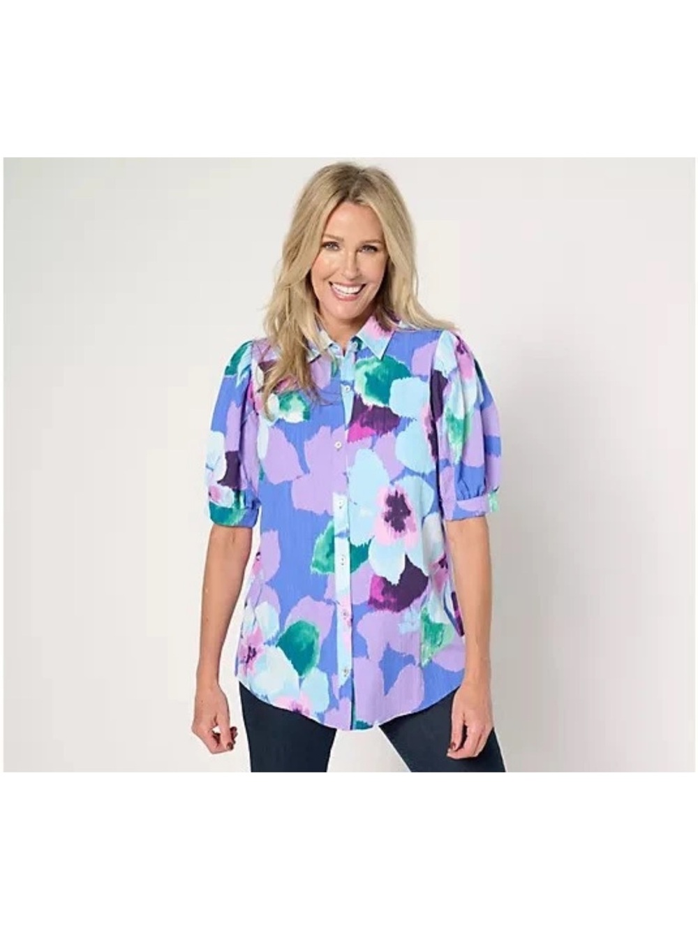 Susan Graver Lavender Multi Floral Puff-Sleeve Button Front Blouse